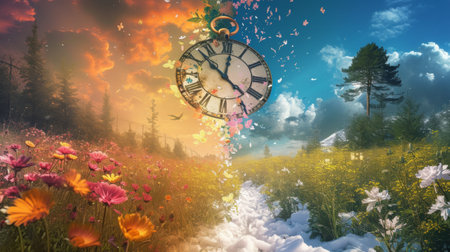 Time change, connection between summer and winter. The depiction of a clock that connects two seasons symbolizes the time changeの素材