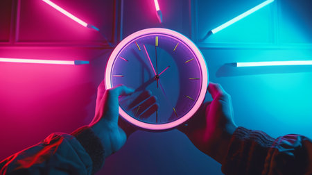 Luminous clock, held between two hands, represents the annual change between summer and winter time.の素材