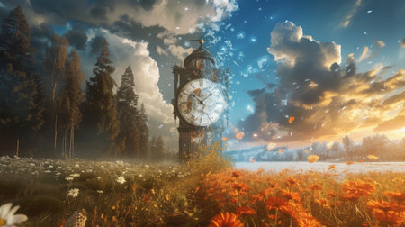 An old clock takes center stage in a scene that combines summer flowers and autumnal trees.の素材