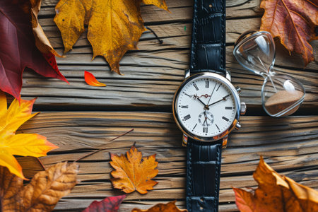 An elegant wristwatch next to an hourglass surrounded by autumn leaves on a rustic wooden table.の素材