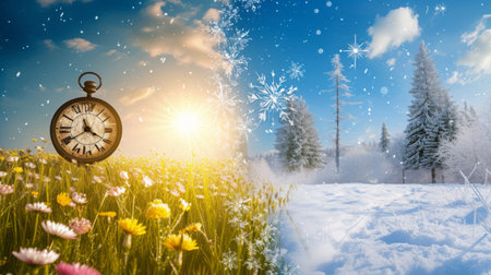 The clock divides the image, showing the contrast between winter cold and summer warmth.の素材
