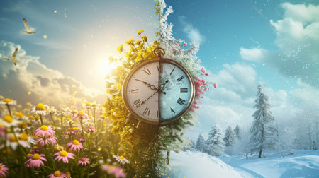 Time change, connection between summer and winter. The depiction of a clock that connects two seasons symbolizes the time changeの素材