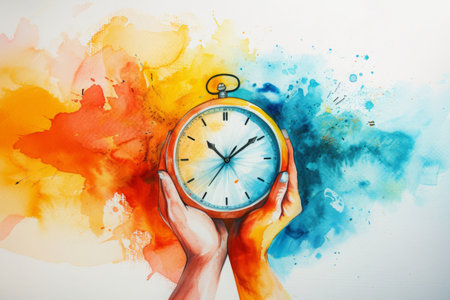Temporal change in color flow. Two hands holding a pocket watch against a colorful watercolor background depicting the time changeの素材