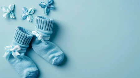 Lovingly arranged baby socks as a gift. A pair of baby socks, artfully tied into a gift, surrounded by delicate fabric flowers.の素材