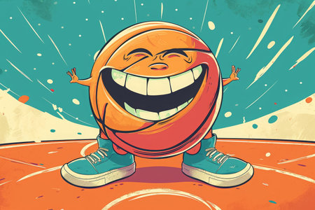 Happy basketball enjoys the game. An animated basketball with a face and arms stands joyfully on a basketball court.の素材