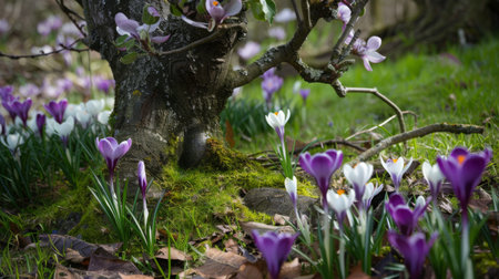 Blooming diversity under gnarled tree branches. Purple and white crocuses thrive in the shade of branchy branches of an old apple tree.の素材
