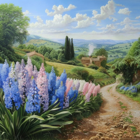 Fragrant hyacinths beautify rustic garden fences. Stunning blue and pink hyacinths add a natural pop of color to an old garden fence with lush greenery in the background.の素材