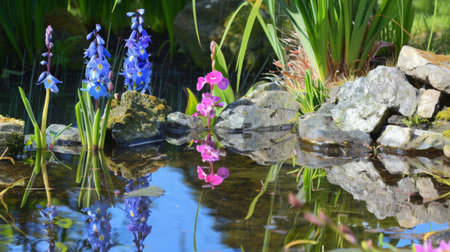 Blooming hyacinths at the quiet garden pond. Colorful hyacinths are reflected in the calm water of a garden pond, surrounded by natural stones and grasses.の素材