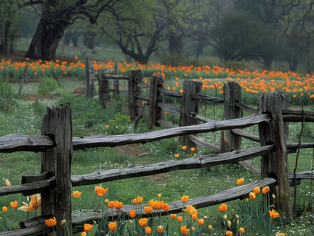 Spring magic with tulips on the wooden fence. Bright orange tulip fields decorate the landscape along an old, weathered wooden fence in a rural area.の素材