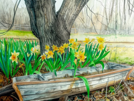 Daffodils in a boat in front of a rural fence. Delicate daffodils bloom in an overturned boat, picturesquely placed in front of a tree in the countryside.の素材