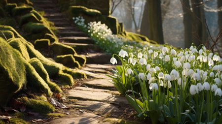 Spring awakening on the stone garden path. Delicate snowdrops decorate the edge of a stone-covered garden path in the sparse forest.の素材