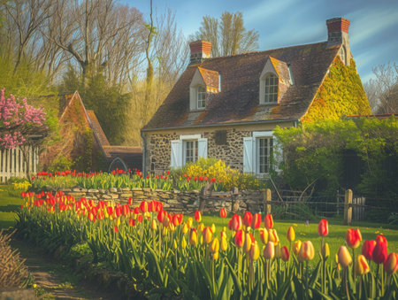 Tulip splendor in front of a historic country house. Red and yellow tulips in bloom, against the backdrop of a charming old country house.の素材