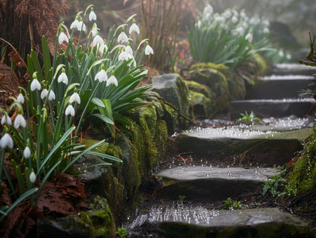 Snowdrops on the foggy forest path. Damp snowdrops line a stone forest path, shrouded in morning mist.の素材