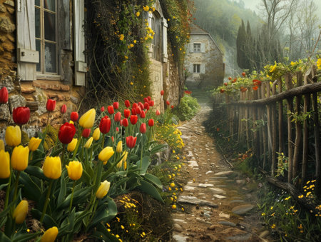 Morning idyll with tulips on a village path. Yellow and red tulips line an old village path, antique farmhouse hidden in the fog.の素材