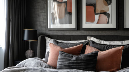 Elegant bedroom with accent wall art. A bedroom with accent pillows and abstract paintings on the gray wall above the bedの素材