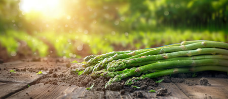 Green asparagus on a rustic wooden board in the morning light. Freshly harvested green asparagus lies on old wood, morning dew glistening on it, with a vivid green background.の素材