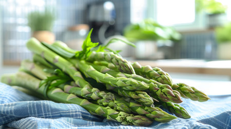 Fresh green asparagus on a blue kitchen towel. Bunch of crisp green asparagus spears resting on a checkered blue cloth with blurred kitchen environment in the background.の素材