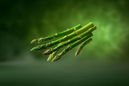 Green asparagus against a green bokeh background. A bunch of green asparagus appears to be floating, captured in an aesthetic state of suspension with a green, blurred background.の素材