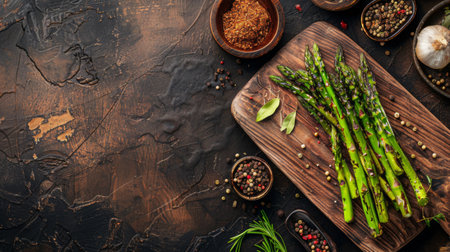 A bunch of crisp green asparagus next to sprinkles of colorful peppercorns and salt, arranged on a rustic table, copy space.の素材