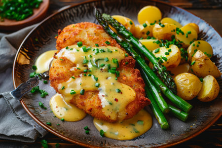 Appetizing schnitzel in golden breading, alongside crunchy asparagus and potatoes, delicately seasoned with herbs and spices.の素材