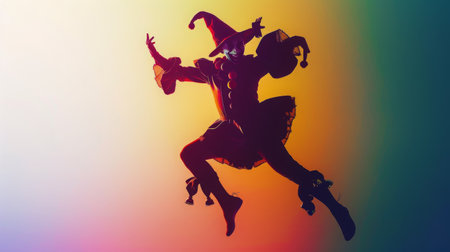 Jester's silhouette against a monochrome background. A dark figure of a classic jester dances exuberantly against an orange backgroundの素材