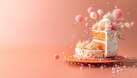 April Fool's Day cake with flying decorations. An exploded cake decorates the beautiful April Fool's Day, surrounded by floating candies and confetti, banner.の素材