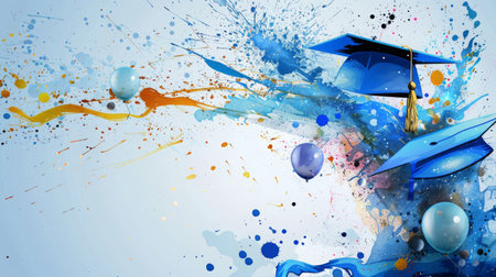 Blue graduation explosion with flying academic hats. Academic hats float in a dynamic splash of blue color, symbolic of the graduation ceremony.の素材