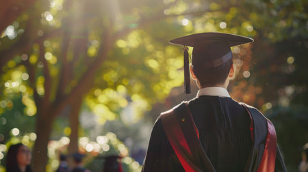 Academic reflection in the golden evening light. Graduate in ceremonial attire looks at the evening sun shining through the leaves, with a touch of expectation.の素材