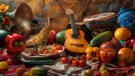 A classical guitar next to a woven poncho and intricately crafted Mexican decorative elements.の素材