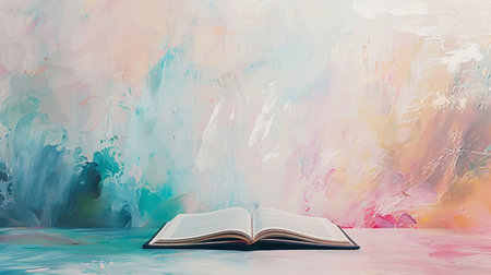 Elegant, blank guest book on a colorful background. Inviting, blank pages of a guest book with soft, colorful paintings in the background, copy space.の素材