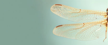 Magnified beauty of a dragonfly wing. An illustrative detail of a dragonfly wing shows the delicate veining and translucent texture.の素材