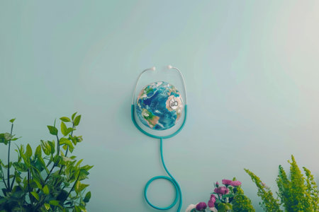 A stethoscope lies on a globe resting on a plain background, health topics, concept World Health Day.の素材