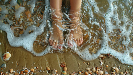 Little feet in the gentle waves. Detailed shot of children's feet on the sandy shore, washed by gentle waves and surrounded by sea gifts.の素材