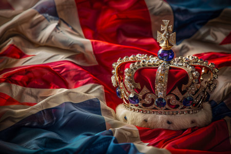 British flag on Union Jack. A detailed gold British crown rests magnificently against a backdrop of the British flag.の素材