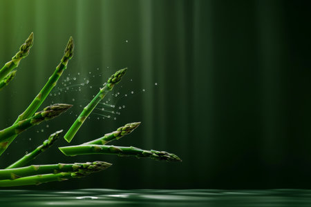 bunch of green asparagus appears to be floating, captured in an aesthetic state of suspension with a green, blurred background, copy space.の素材