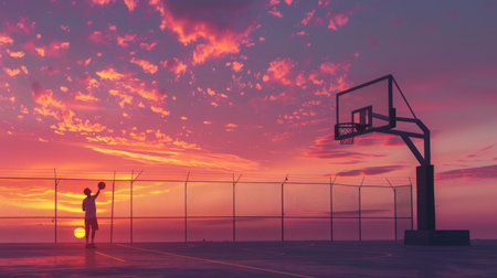 Basketball player training at sunset. A basketball player throws the ball into a basket against the backdrop of a bright red sky.の素材