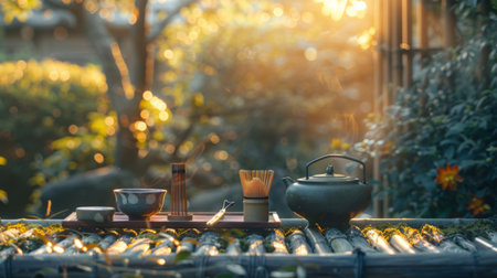 A tranquil scene of preparing matcha tea outdoors, with a bamboo whisk and ceramic bowl during a serene sunrise.の素材