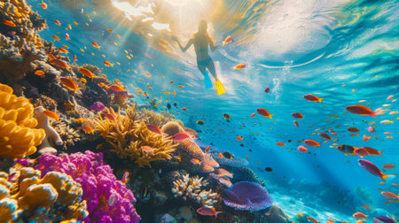 A woman explores the mesmerizing underwater world of a vibrant coral reef, surrounded by a kaleidoscope of tropical fish and illuminated by natural sunlight filtering through crystal-clear waters.の素材
