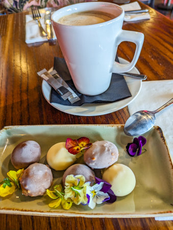 A delightful presentation of mochi paired with coffee, adorned with edible flowers on a ceramic plate, showcasing an elegant dining experience in a cozy cafe setting.の写真素材