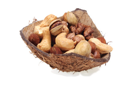 Assorted nuts (almonds, filberts, walnuts, cashews), close-up