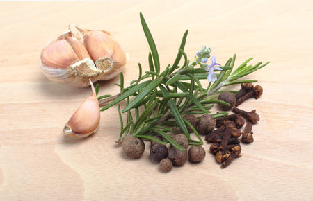 Macro view of the different spices on wooden backgroundの写真素材
