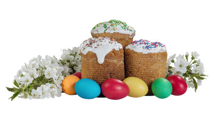 Easter cake and easter eggs isolated on white background