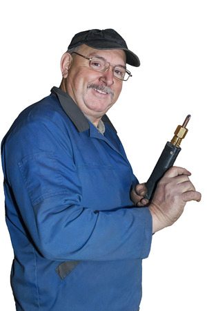 Portrait of a happy middle-aged worker on a white backgroundの写真素材