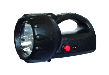 Black plastic LED torch isolatedの写真素材