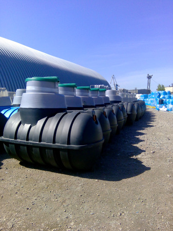 Septic tanks storage at the manufacturer factory ready for sale and pick-upの写真素材