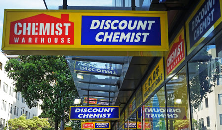 Sydney, Australia - October 17, 2017: Chemist Warehouse sign above the entrance to the drug store on...