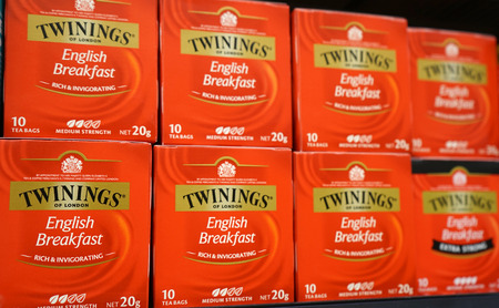 Sydney, Australia - October 17, 2017: Display of Twinings English Breakfast tea 20g packs on a shelf in grocery store. Twinings brand is owned by Associated British Foods.のeditorial素材