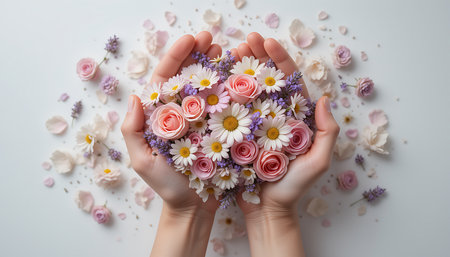 Two hands gently hold a delicate bouquet of pink roses and white daisies interspersed with sprigs of lavender.  Petals are scattered around the hands on a light gray background creating a soft and serene image. The overall mood is gentle and peaceful.の素材