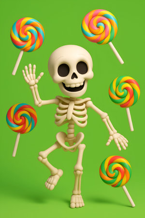 Cartoon skeleton with colorful lollipops. Halloween concept. 3D Renderの素材