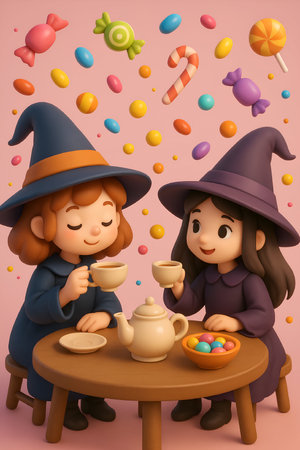 Halloween witch and girl with candies - 3D Renderingの素材